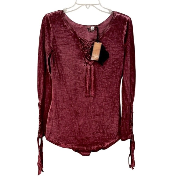 Black Swan Tops - Black Swan Distressed Lace Up Top Women's S Burgundy Whimsigoth Witchy Goth